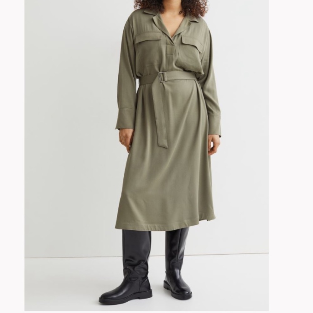 H&M Green Silk Oversized Midi Shirt dress NWT Never Worn